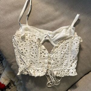 White Eyelet Lace-Up Crop Top